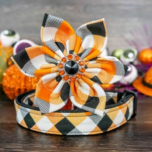 Collar de perro con flores a cuadros para Halloween/collar de perro con diseño de cuadros festivos/collar de perro para niña en otoño/collar de cachorro para Acción de Gracias/collar para perro pequeño y grande
