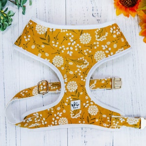 Fall vintage Floral dog harness vest/ yellow autumn botanical flower dog harness/ custom girl fabric harness/ cottagecore harness accessory