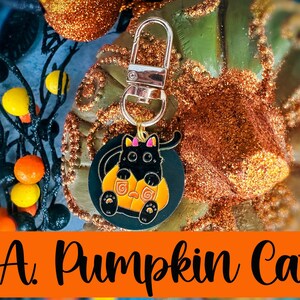Pode incluir: Um porta-chaves com tema de Halloween com um gato preto dentro de uma ab&oacute;bora laranja. O gato tem um la&ccedil;o rosa e est&aacute; sobre um fundo verde escuro. O porta-chaves tem um fecho prateado e o texto "A. Pumpkin Cat" em laranja.