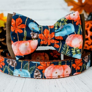 May include: A dog collar and matching bow tie set. The collar and bow tie feature a navy blue background with orange pumpkins, leaves, and pinecones. The bow tie has a brown backing.