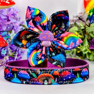 Collar de perro con diseño de hongo arcoíris y flores, collar de perro colorido de otoño, collar de perro con diseño floral de otoño e invierno, collar de cachorro grande, pequeño y mediano de bosque.