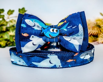 Shark Nautical dog collar bow tie/ boy cute collar/ ocean beach dog collar/ summer blue collar