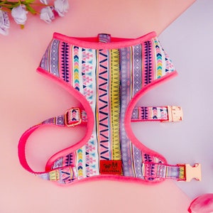 Girl Aztec dog harness vest/ Pink boho harness/ tribal ethical dog harness/ geometric southwest harness/ small medium puppy dog harness