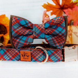 Collar de perro a cuadros con pajarita / Collar de perro de otoño para niño / Collar de perro a cuadros de Acción de Gracias / Collar de perro pequeño y grande / Collar de perro de tela turquesa de otoño
