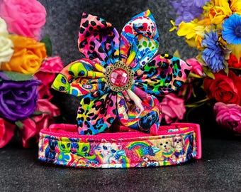 rainbow 90's girl dog collar flower/ colorful leopard pride dog collar/ summer spring winter fall collar/ Large small French bulldog collar