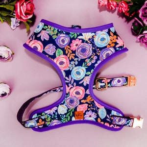 girl Floral dog harness vest/ purple rose flower harness/ small medium dog harness/ boho puppy harness/ female designer dog harness
