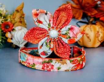 Autumn pumpkin dog collar flower/ floral girl dog collar/ Thanksgiving fall dog collar/ maple leaves acorn collar/ large small white collar