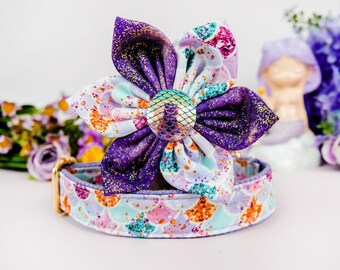 Hondenhalsband met zeemeerminschubben en bloemen / paarse hondenhalsband voor meisjes / design stoffen halsband / grote en kleine hondenhalsband / stoffen halsband voor vrouwelijke puppy's
