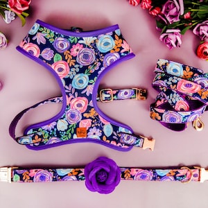 Purple rose flower dog harness leash set/ girl floral dog harness vest/ custom female dog harness and lead/ small puppy medium dog harness
