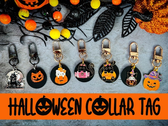 Halloween cat tag/ Halloween cat collar tag charm/ spooky pumpkin tag/ cat collar accessory/ pet tag/ Engraved ID tag/ Personalized Tag