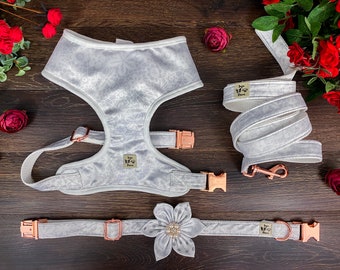 Conjunto de arnés, collar y correa para perro de boda / chaleco arnés blanco para perro / arnés y correa floral para perra / correa y arnés con flores para perro / arnés para cachorro