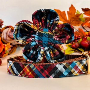 Collar de perro con estampado de flores a cuadros otoñales/collar de perro con estampado de tartán otoñal/collar de perro con estampado de cosecha de Acción de Gracias/collar de perro pequeño y grande/collar de perro de tela para niña