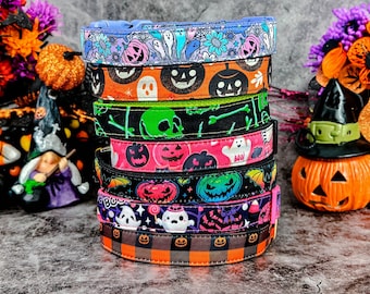Halloween spooky dog collar/ cute girl boy dog collar/ pumpkin ghost bat spiderweb collar/ jack o lantern fabric collar/ large small collar