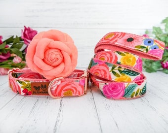 Floral girl dog collar leash set/ Flower Dog collar/ rifle paper co/ pink collar and leash/ female large small dog collar and lead
