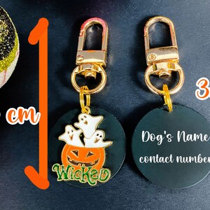 May include: Halloween-themed pet tag. The front features a pumpkin with ghosts and the word "Wicked". The back has space for a dog's name and contact number. The tag is 2.5 inches long and 1.2 inches wide.