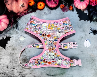 Halloween groovy ghost dog harness vest/ plaid spooky dog harness/ pumpkin retro dog harness/ girl pink halloween harness/ cute holiday dog