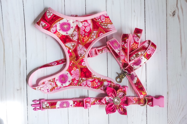 Floral dog harness collar leash set/ Pink Girl dog harness Etsy