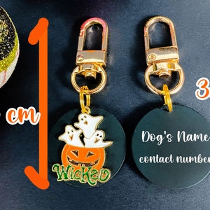 Pode incluir: Etiqueta para animais de estima&ccedil;&atilde;o com tema de Halloween. A frente apresenta uma ab&oacute;bora com fantasmas e a palavra "Wicked". A parte de tr&aacute;s tem espa&ccedil;o para o nome e o n&uacute;mero de contato do c&atilde;o. A etiqueta tem 6,5 cm de comprimento e 3 cm de largura.