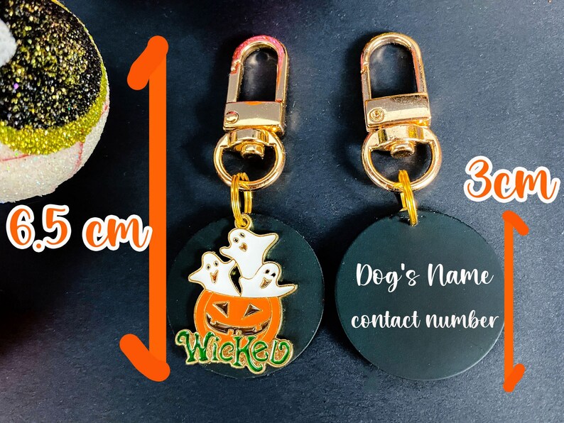 Pode incluir: Etiqueta para animais de estima&ccedil;&atilde;o com tema de Halloween. A frente apresenta uma ab&oacute;bora com fantasmas e a palavra "Wicked". A parte de tr&aacute;s tem espa&ccedil;o para o nome e o n&uacute;mero de contato do c&atilde;o. A etiqueta tem 6,5 cm de comprimento e 3 cm de largura.