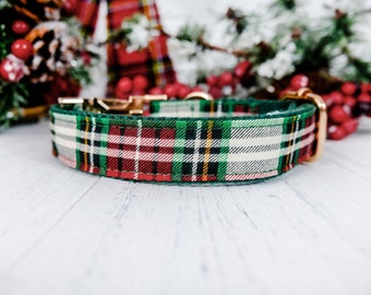 Op de afbeelding: Een hondenhalsband met een ruitpatroon in rood, groen, wit en zwart. De halsband heeft een goudkleurige metalen gesp en hardware. De achtergrond toont feestelijke groenvoorziening en rode bessen.
