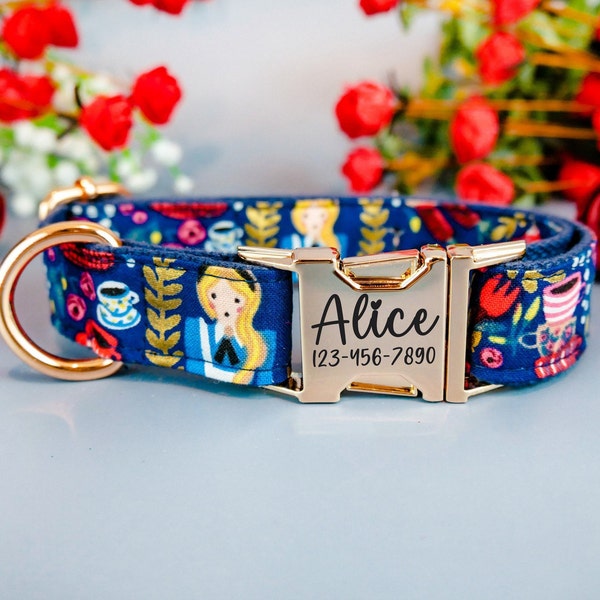 alice in wonderland dog collar/ rifle paper co dog floral collar/ Personalized Laser Engraved Buckle Dog Collar/ girl flower bunny collar