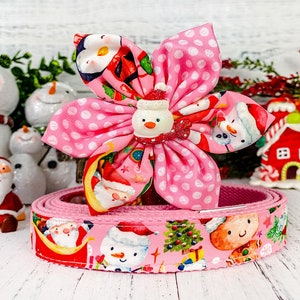 Pink Christmas dog collar flower/ girl cute dog collar/ santa snowman deer gingerbread collar/ winter holiday collar/ large small collar