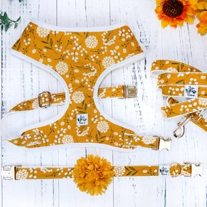Floral Girl dog harness leash set/ small medium harness vest/ yellow boho flower dog harness and leash/ Custom Puppy dog lead harness