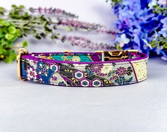 floral dog collar/ Japanese kimono dog collar/ purple flower dog collar/ girl small large dog collar/ summer spring collar/ fall winter coll