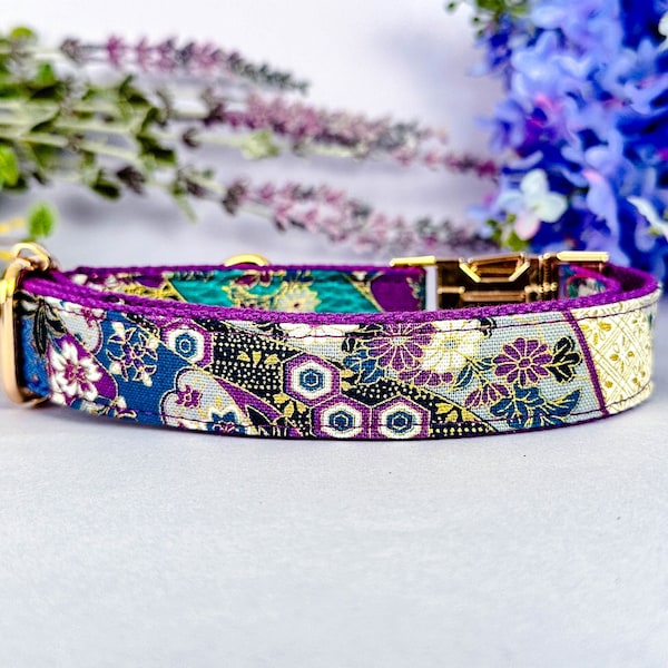 floral dog collar/ Japanese kimono dog collar/ purple flower dog collar/ girl small large dog collar/ summer spring collar/ fall winter coll