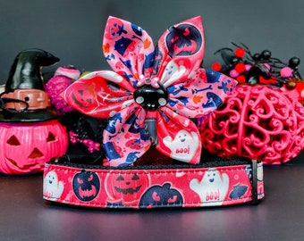 Pink Halloween jack o lantern dog collar flower/ girl pumpkin dog collar/ spooky cute ghost collar/ large small dog collar/ puppy collar