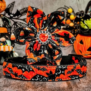 Halloween bat dog collar flower/ cute spooky dog collar/ orange black collar/ large small dog collar/ holiday fabric collar/ girl dog colla