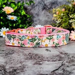 Puede incluir: Un collar para perros con estampado floral, con fondo rosa y un patr&oacute;n de flores rosas, azules y verdes. El collar tiene un reverso de nailon rosa y herrajes de oro rosa. El collar se muestra sobre una superficie gris con flores en el fondo.