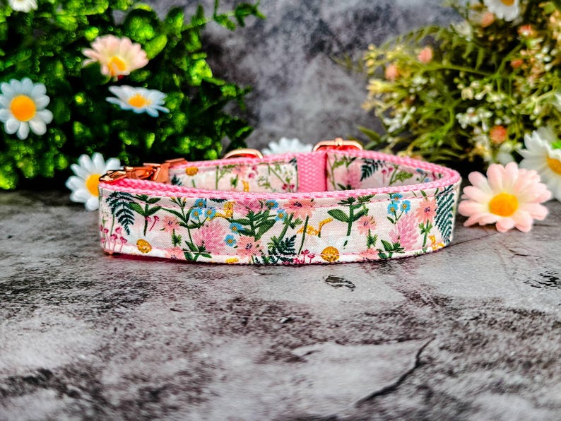 Puede incluir: Un collar para perros con estampado floral, con fondo rosa y un patr&oacute;n de flores rosas, azules y verdes. El collar tiene un reverso de nailon rosa y herrajes de oro rosa. El collar se muestra sobre una superficie gris con flores en el fondo.