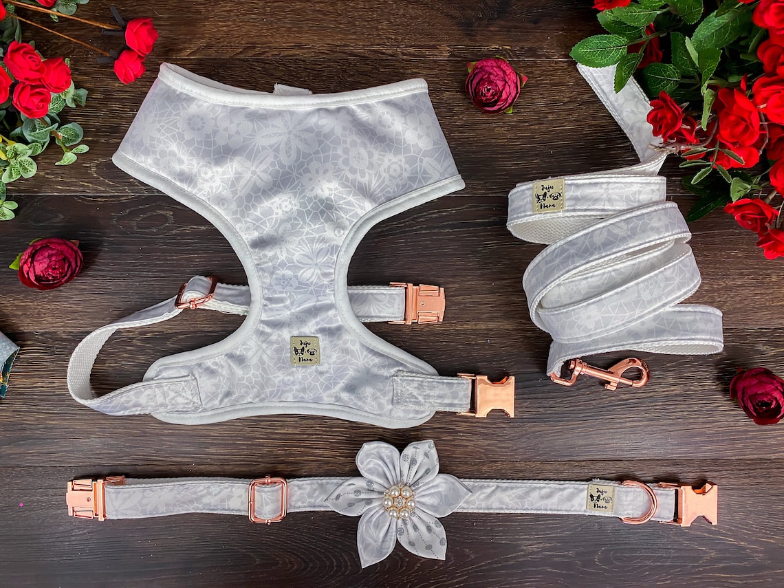 Wedding dog harness vest/ white gray floral dog harness/ girl Etsy