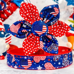 Patriotic heart dog collar flower/ 4th of July Girl dog collar/ red white blue collar/ large small puppy dog collar/ Memorial day dog collar
