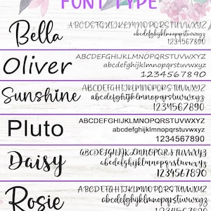 May include: A graphic displaying various font styles for the names Bella, Oliver, Sunshine, Pluto, Daisy, and Rosie. The font styles include uppercase and lowercase letters, numbers, and punctuation marks.
