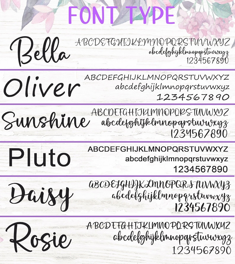 May include: A graphic displaying various font styles for the names Bella, Oliver, Sunshine, Pluto, Daisy, and Rosie. The font styles include uppercase and lowercase letters, numbers, and punctuation marks.