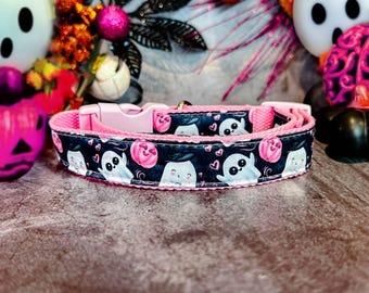 Pink Halloween ghost dog collar/ spooky trick or treat dog collar/ jack o lantern puppy collar/ cute festive collar gift pet accessory