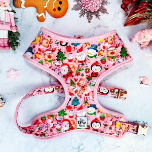 Pink Christmas dog harness vest/ cute girl harness/ gingerbread snowman harness/ santa penguin harness/ small medium puppy dog harness
