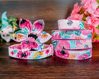 Floral pink dog collar leash set/ girl dog collar and leash/ rose flower dog collar and lead/ female large dog collar/ Small puppy collar