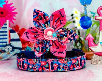 Preppy Nautical anchor dog collar with flower/ navy tropical beach dog collar/ vacation ocean floral dog collar/ summer custom pet accessory