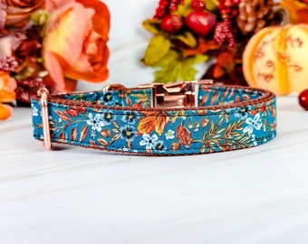 Fall Floral Dog Collar, Autumn Leaves Print, Handmade in USA