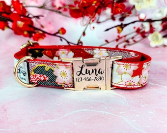 japanese kimono Flower dog collar/ girl floral dog collar/ personalized dog collar/ Laser engraved buckle dog collar/ summer custom collar
