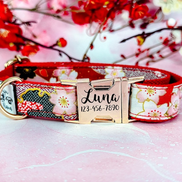 japanese kimono Flower dog collar/ girl floral dog collar/ personalized dog collar/ Laser engraved buckle dog collar/ summer custom collar