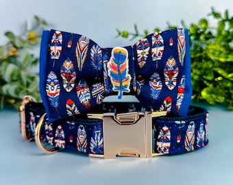 Navy Tribal feathers dog collar bow tie/ boho aztec dog collar/ southwest ethical dog collar/ large small puppy dog collar accessory gift