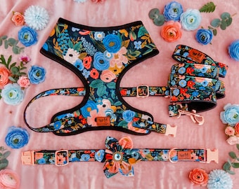 Floral girl dog harness leash set/ rifle paper co dog harness and leash/ custom flower dog lead harness