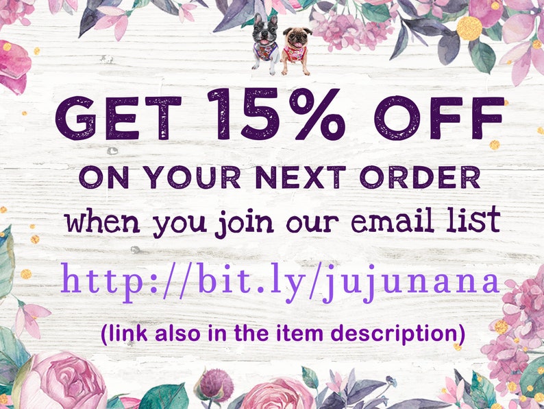 Puede incluir: Gr&aacute;fico promocional con el texto "GET 15% OFF ON YOUR NEXT ORDER when you join our email list." El texto es morado sobre un fondo blanco con vetas de madera, con detalles florales y un enlace a un sitio web.