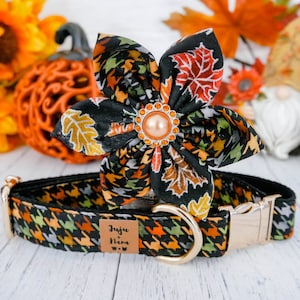 Collar de perro con estampado de flores y cuadros escoceses de otoño/collar de perro con estampado de pata de gallo para niña/collar de perro de Acción de Gracias/collar de perro pequeño y grande/collar negro para cachorro de otoño