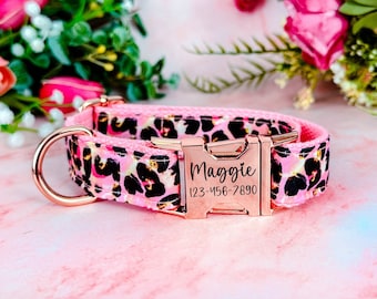 leopard cheetah dog collar/ Personalized Engraving Buckle Dog Collar/ girl pink dog  collar/ female cute collar/ custom large small collar
