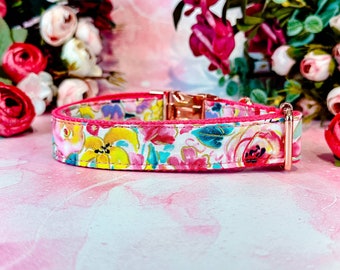Rose floral dog collar/ spring wildflower dog collar/ pink girl dog collar/ boho summer dog collar/ female fabric large small dog collar